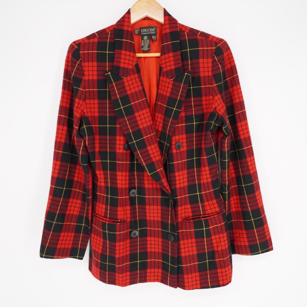 Episode Blazer Womens 6 Red Plaid Double-Breasted Peak Lapel Wool Lined Vtg 90s